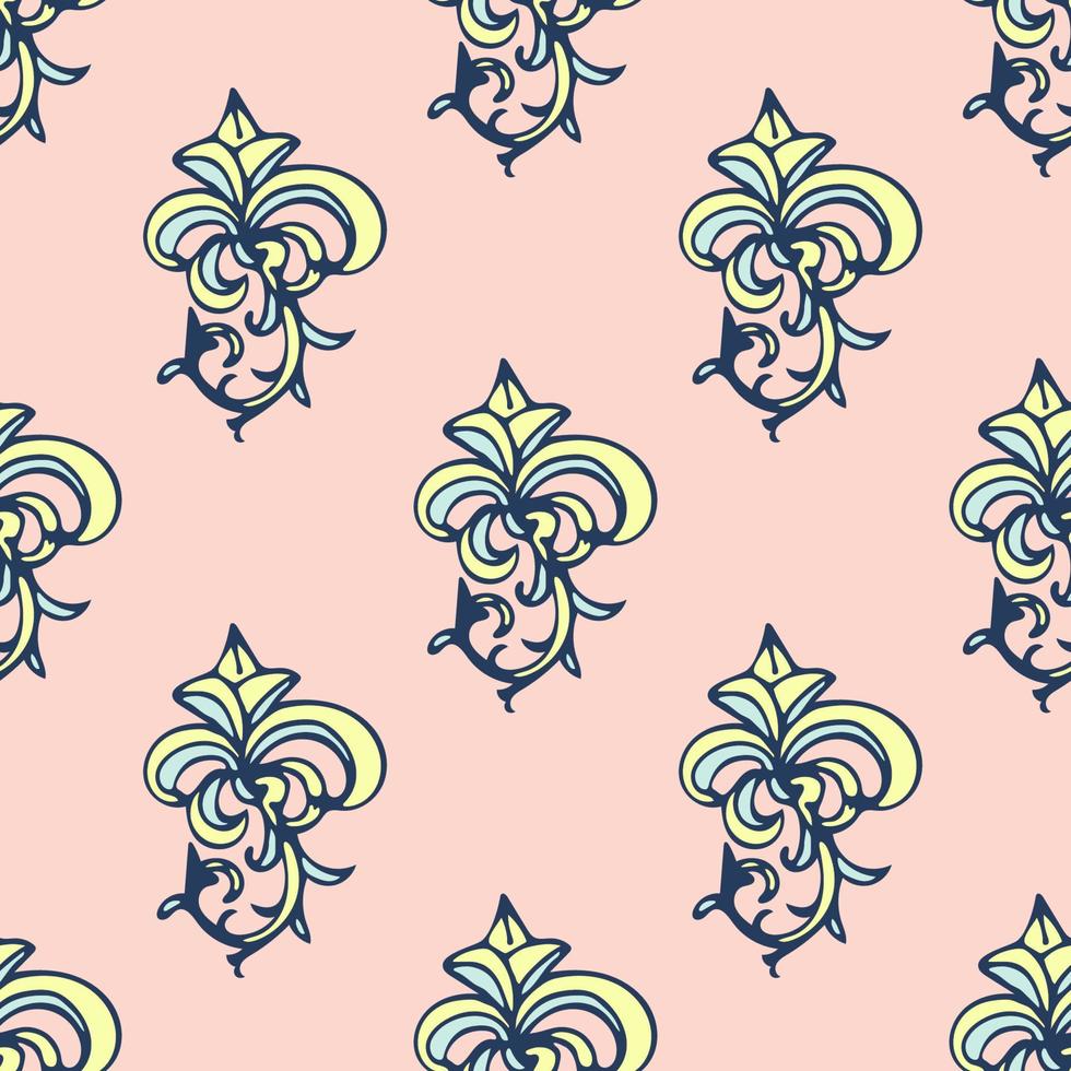 Cute damask, fleur de lis abstract seamless pattern with hand drawn decoration. vector