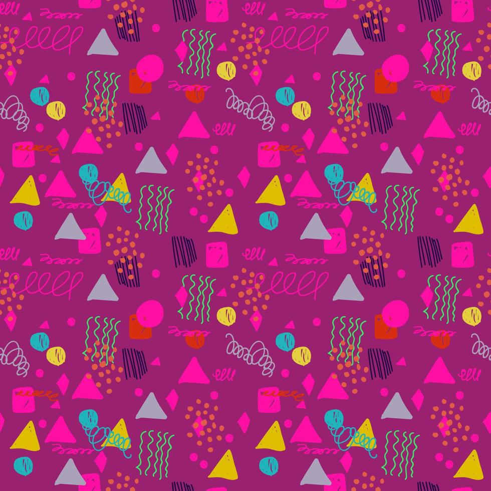 Modern hand draw colorful abstract seamless pattern with geometrical shapes. Circles, triangles, lines. vector