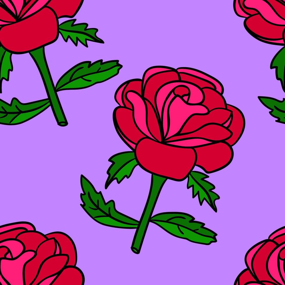 Cute cartoon doodle rose seamless pattern. Floral element background. vector