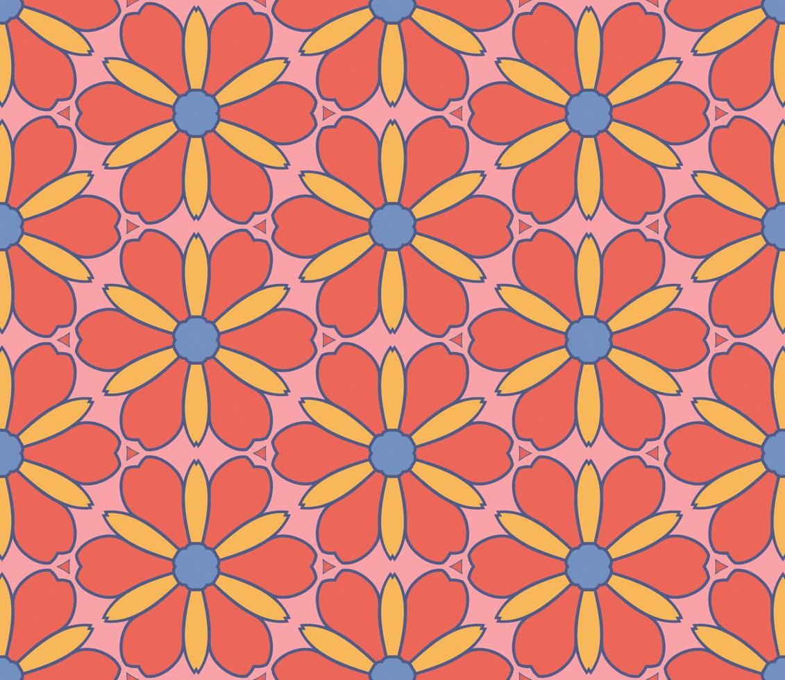Abstract colorful doodle geometric flower seamless pattern. Floral background. Kaleidoscope mosaic, geo tile of thin line ornament. vector