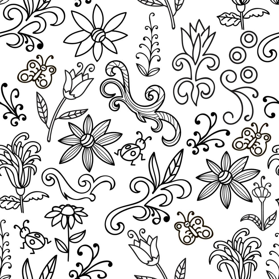 Floral doodle seamless pattern with flowers and swirls, insects and butterfly. Seamless botanic texture. Detailed hand drawn flowers. Floral pattern in doodle style, background. vector