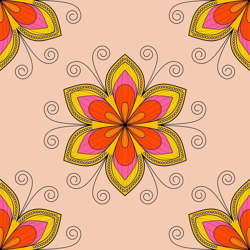 Tropical background with colorful mandala flowers on beige. Tropic seamless pattern. vector