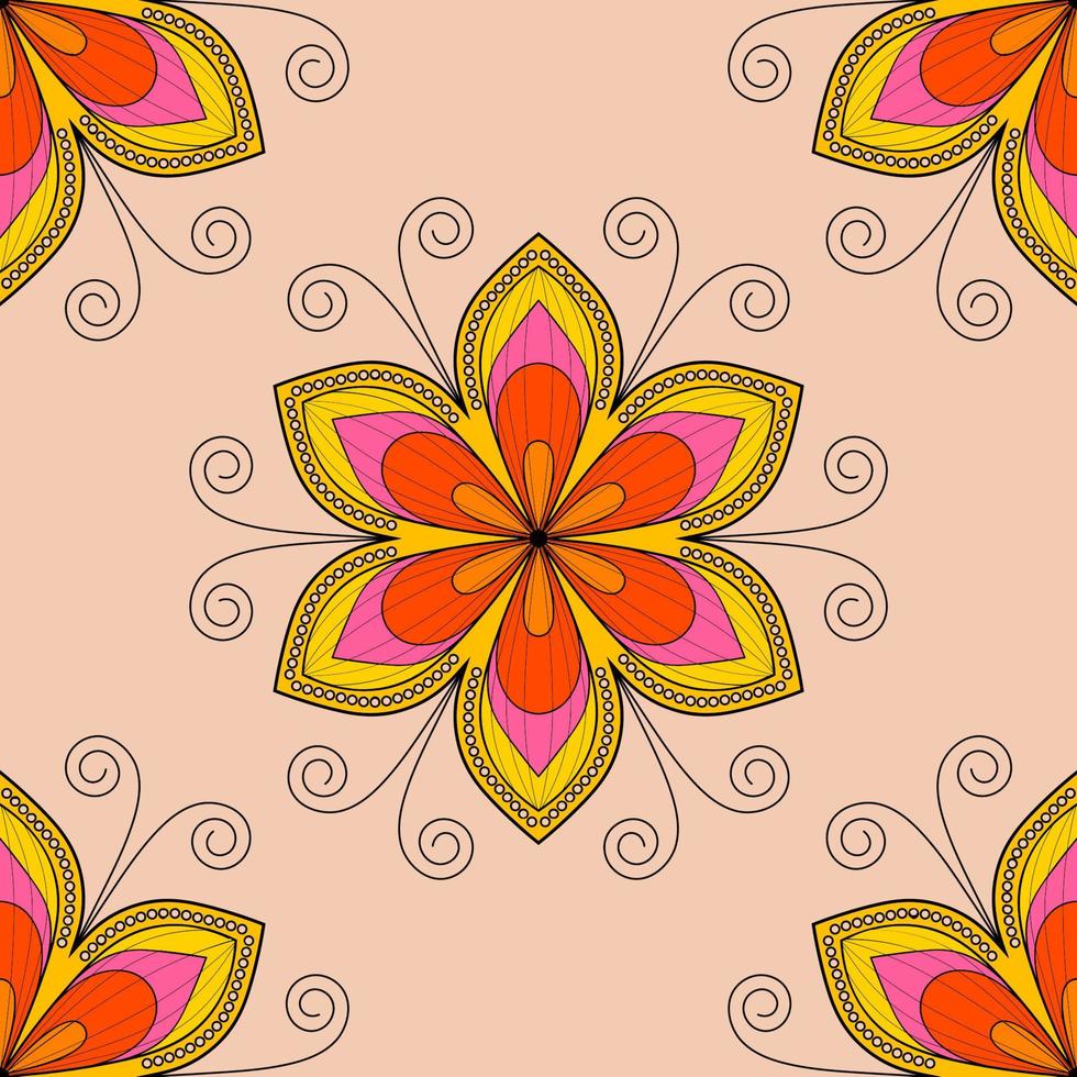 Tropical background with colorful mandala flowers on beige. Tropic seamless pattern. vector