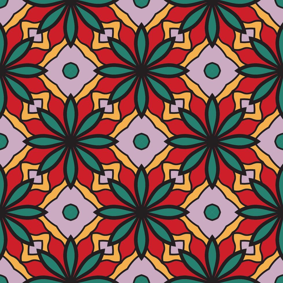 Abstract colorful doodle geometric flower seamless pattern. Floral background. Kaleidoscope mosaic, geo tile of thin line ornament. vector