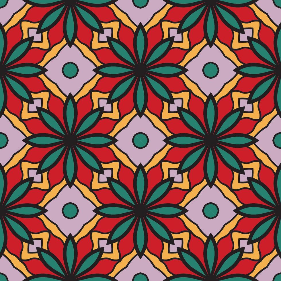 Abstract colorful doodle geometric flower seamless pattern. Floral background. Kaleidoscope mosaic, geo tile of thin line ornament. vector