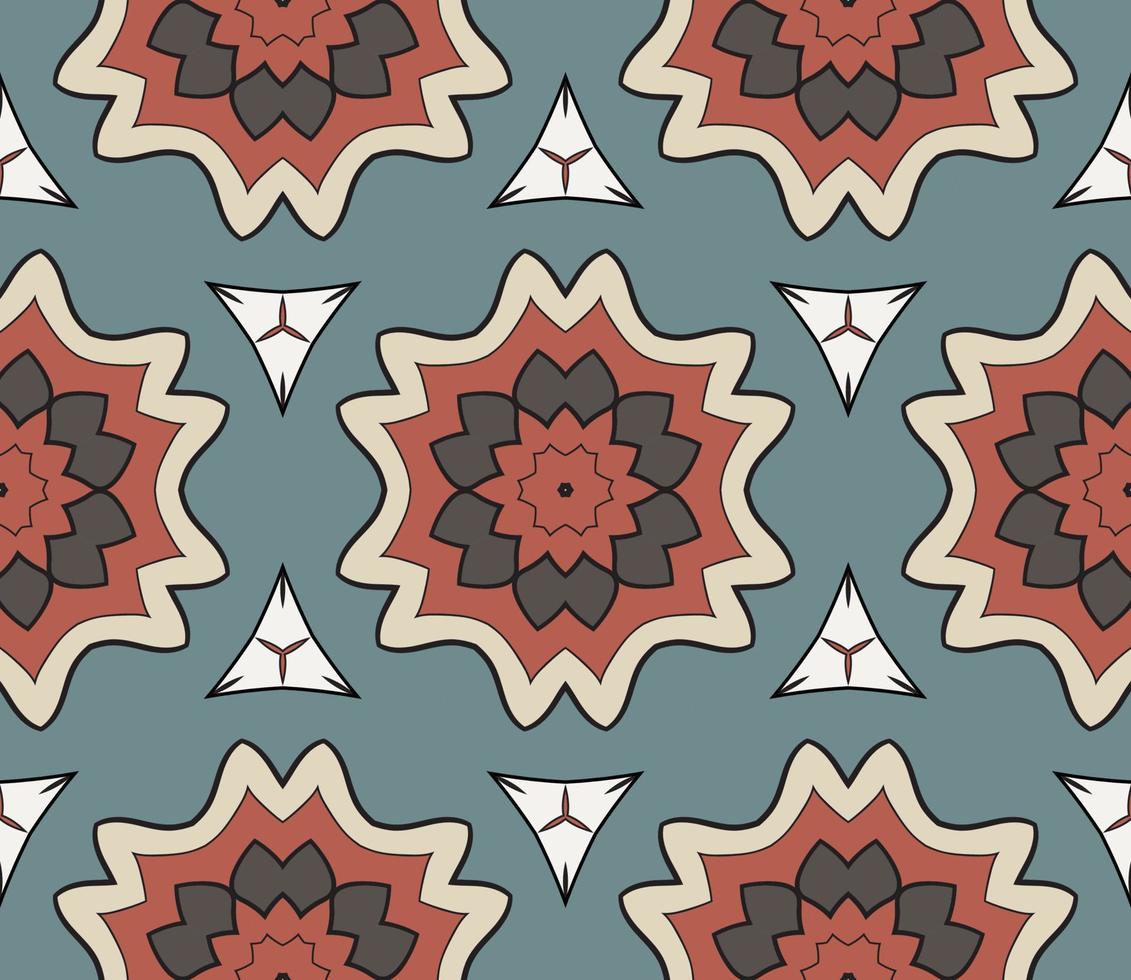 Abstract colorful doodle geometric flower seamless pattern. Floral background. Kaleidoscope mosaic, geo tile of thin line ornament. vector
