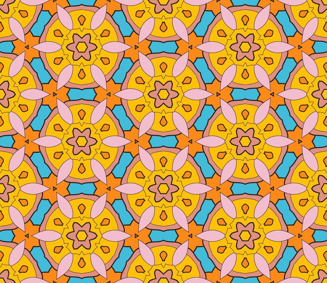 Abstract colorful doodle geometric flower seamless pattern. Floral background. Kaleidoscope mosaic, geo tile of thin line ornament. vector
