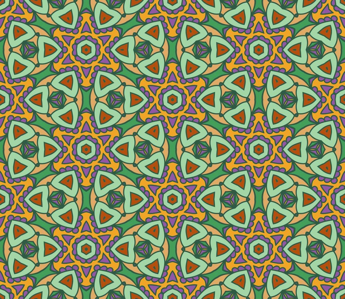 Abstract colorful doodle geometric flower seamless pattern. Floral background. Kaleidoscope mosaic, geo tile of thin line ornament. vector