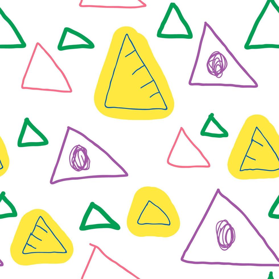 Doodle seamless pattern with triangles on white background. Hand drawn childlike style background. Infinity geometric wrapping paper. vector