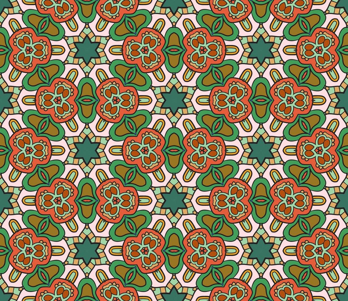 Abstract colorful doodle geometric flower seamless pattern. Floral background. Kaleidoscope mosaic, geo tile of thin line ornament. vector
