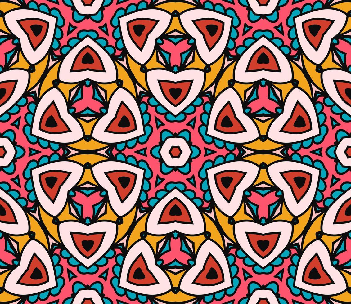 Abstract colorful doodle geometric flower seamless pattern. Floral background. Kaleidoscope mosaic, geo tile of thin line ornament. vector