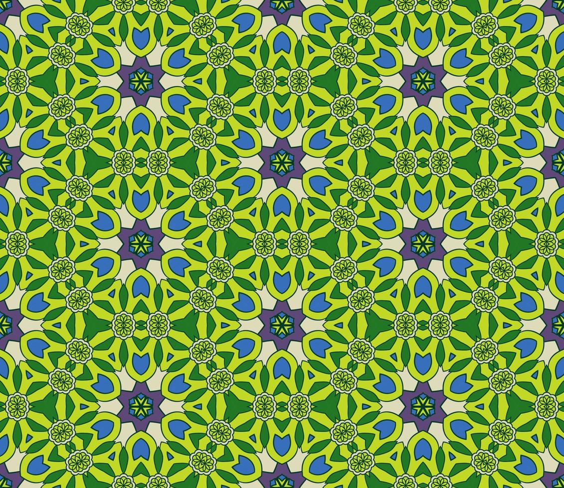 Abstract colorful doodle geometric flower seamless pattern. Floral background. Kaleidoscope mosaic, geo tile of thin line ornament. vector