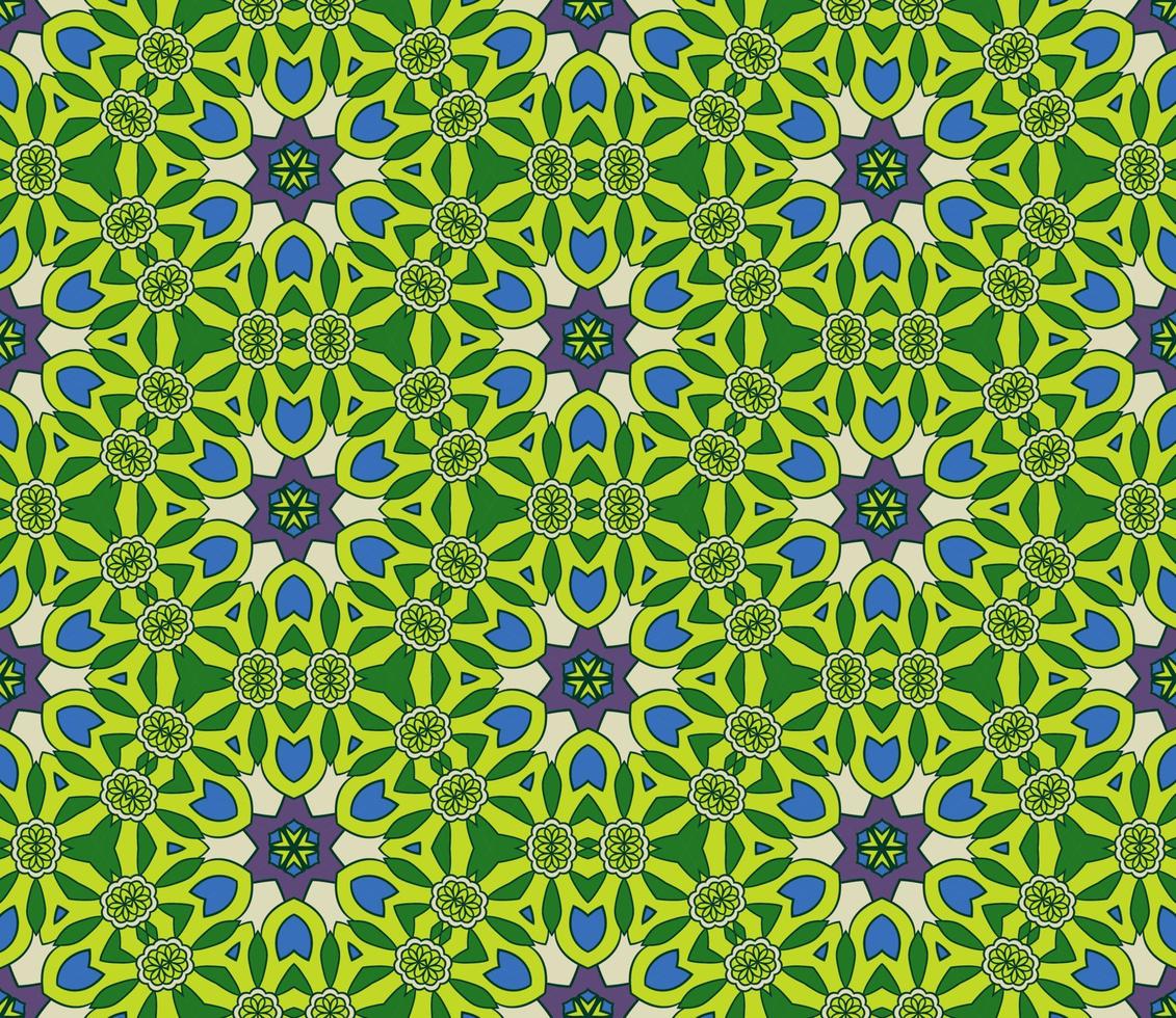 Abstract colorful doodle geometric flower seamless pattern. Floral background. Kaleidoscope mosaic, geo tile of thin line ornament. vector