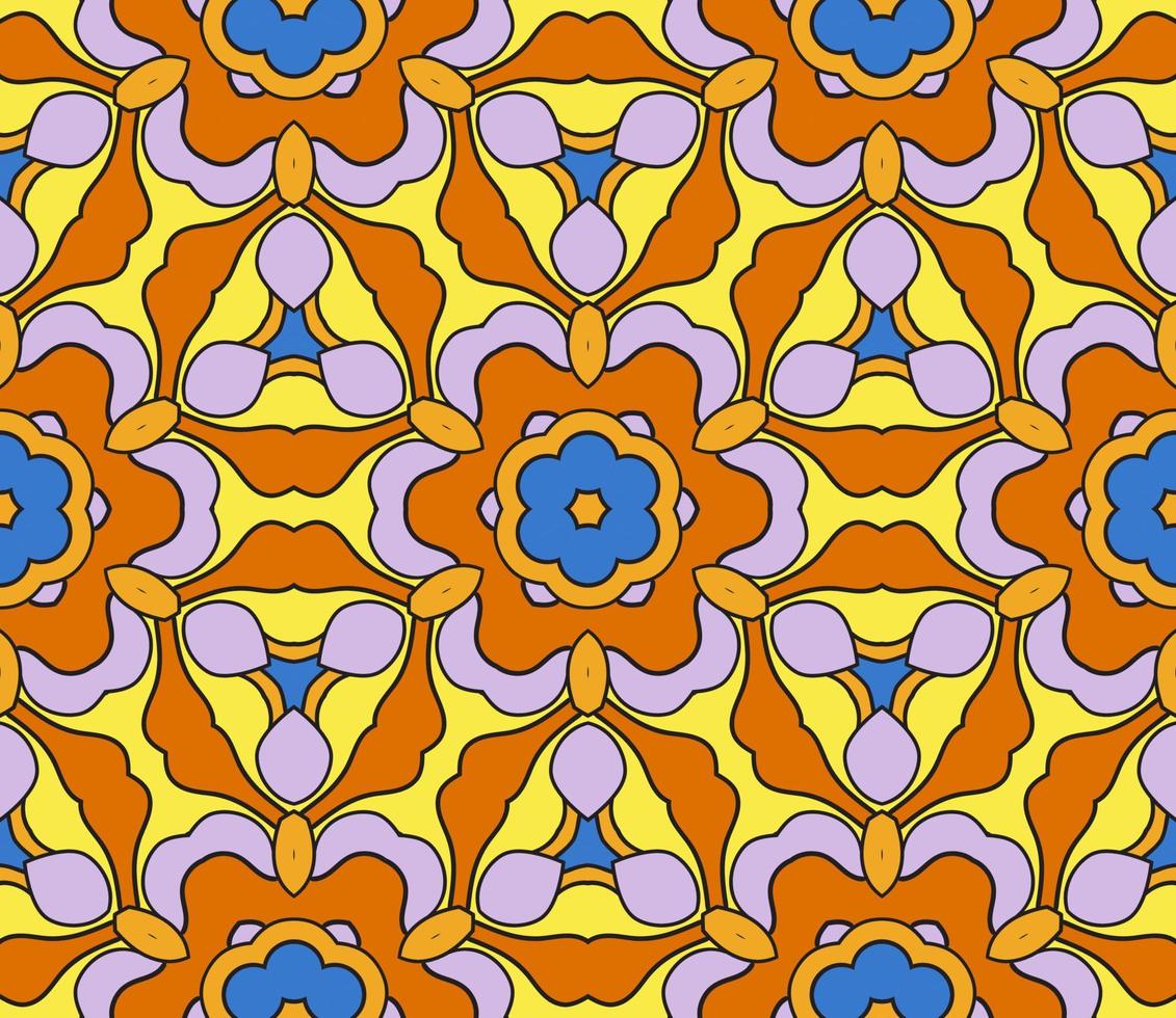 Abstract colorful doodle geometric flower seamless pattern. Floral background. Kaleidoscope mosaic, geo tile of thin line ornament. vector