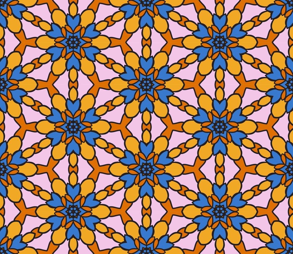 Abstract colorful doodle geometric flower seamless pattern. Floral background. Kaleidoscope mosaic, geo tile of thin line ornament. vector