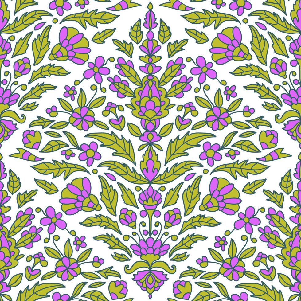 Colorful thin line floral damask seamless pattern with fantasy flowers, leaves. vector