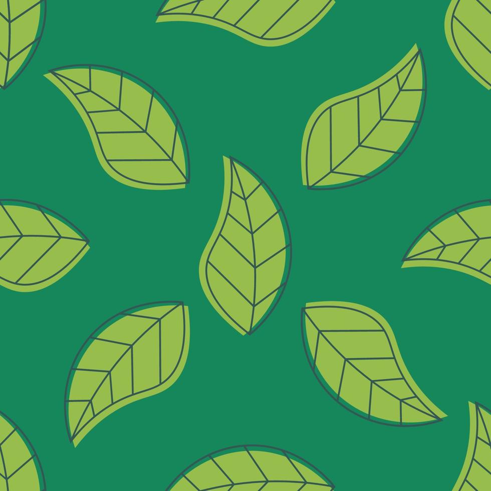 Bright seamless pattern with thin line green leaves. Natural floral ornament on dark green background. vector