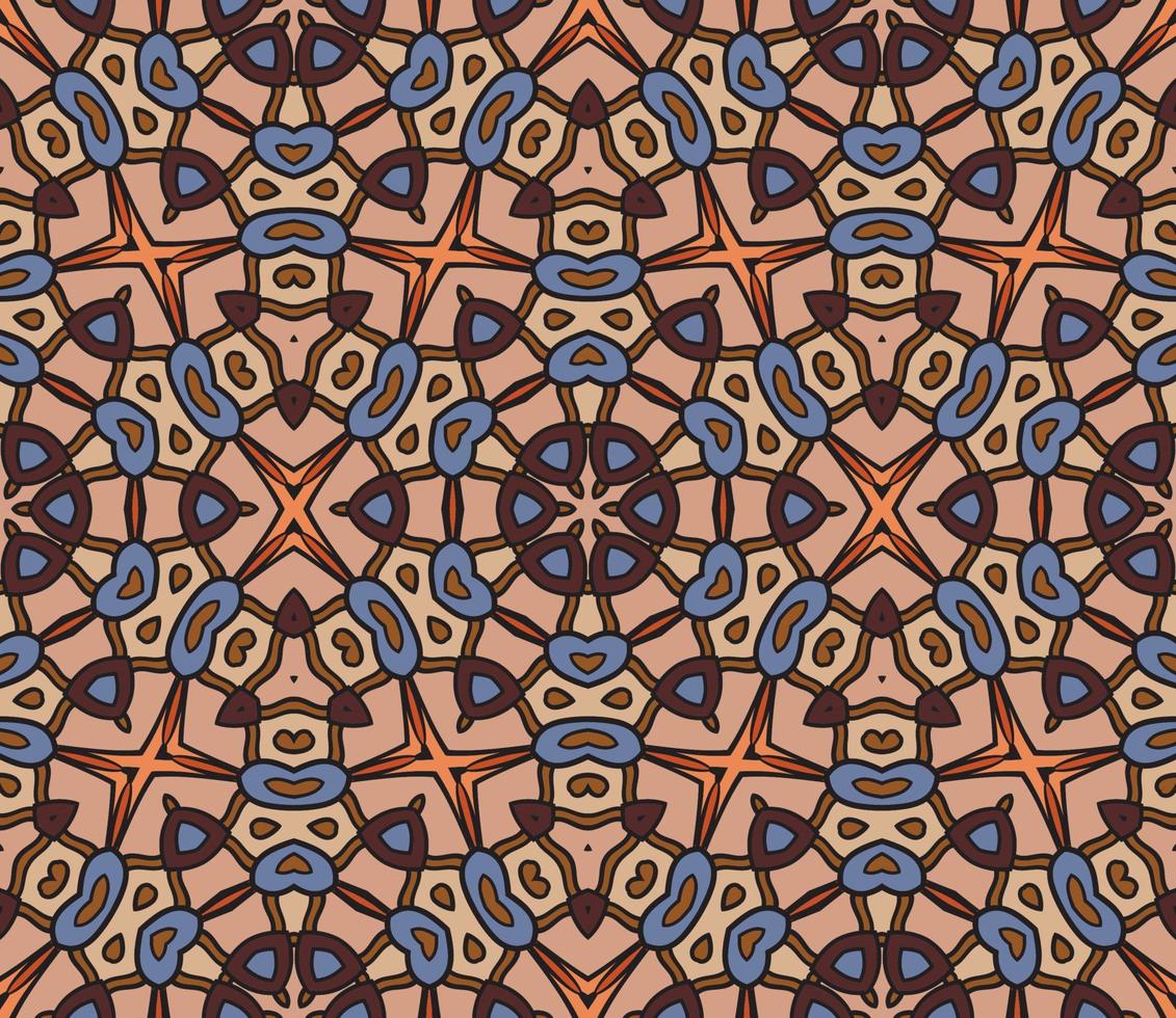 Abstract colorful doodle geometric flower seamless pattern. Floral background. Kaleidoscope mosaic, geo tile of thin line ornament. vector