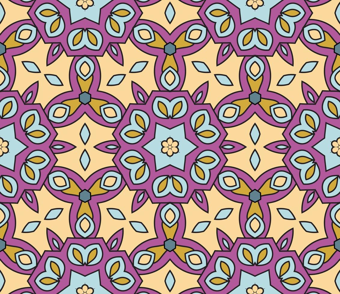 Abstract colorful doodle geometric flower seamless pattern. Floral background. Kaleidoscope mosaic, geo tile of thin line ornament. vector