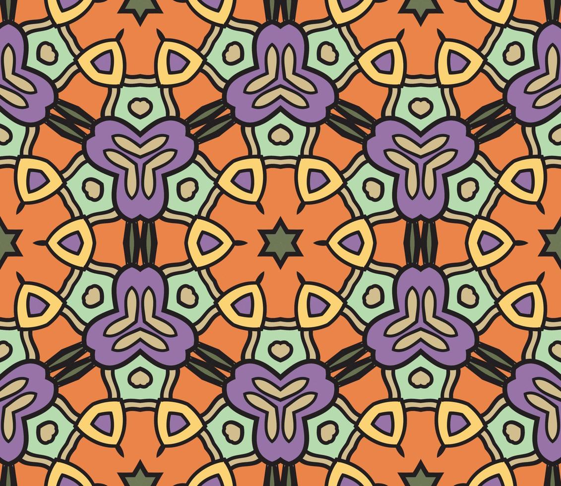 Abstract colorful doodle geometric flower seamless pattern. Floral background. Kaleidoscope mosaic, geo tile of thin line ornament. vector