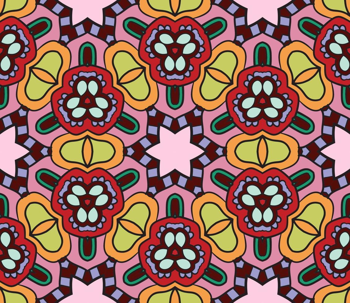 Abstract colorful doodle geometric flower seamless pattern. Floral background. Kaleidoscope mosaic, geo tile of thin line ornament. vector