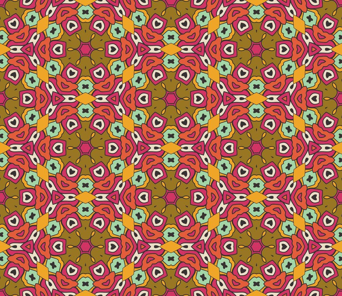 Abstract colorful doodle geometric flower seamless pattern. Floral background. Kaleidoscope mosaic, geo tile of thin line ornament. vector