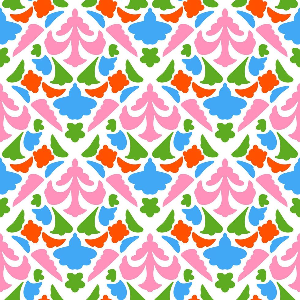 patrón transparente de damasco floral colorido con flores de fantasía, hojas. vector