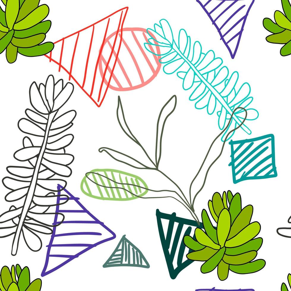 Cute doodle Succulent flowers and striped geometric shapes seamless pattern. Abstract background with plants, bushes isolated. vector