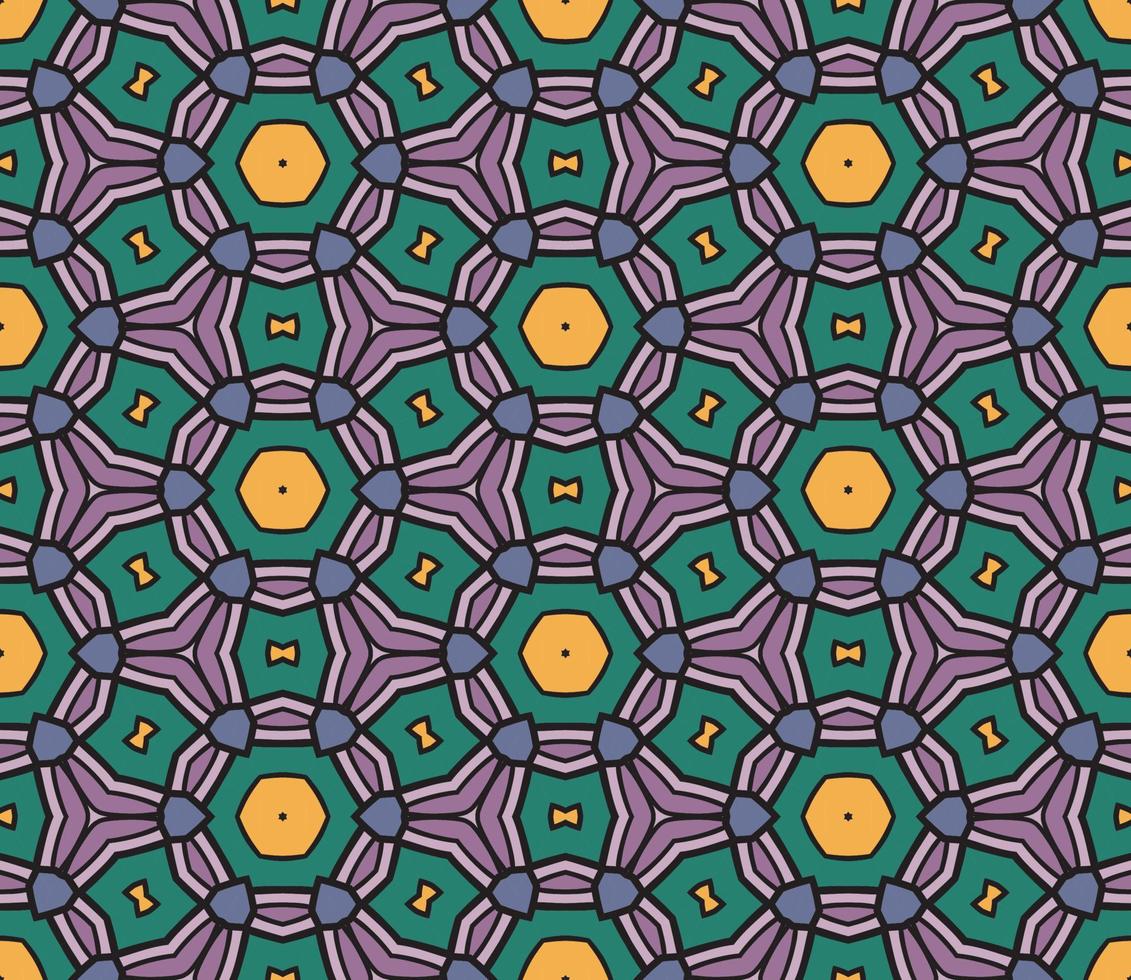 Abstract colorful doodle geometric flower seamless pattern. Floral background. Kaleidoscope mosaic, geo tile of thin line ornament. vector