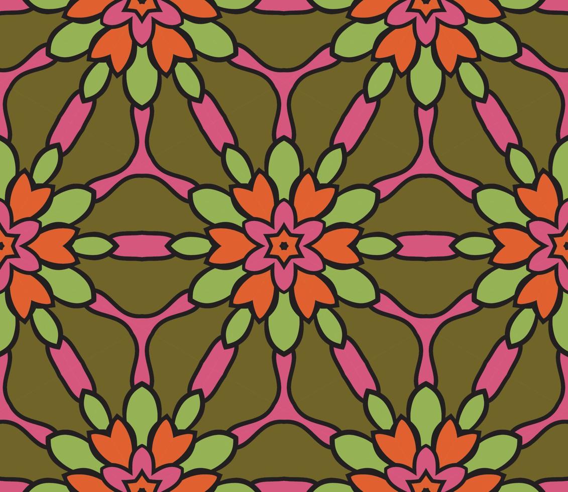 Abstract colorful doodle geometric flower seamless pattern. Floral background. Kaleidoscope mosaic, geo tile of thin line ornament. vector