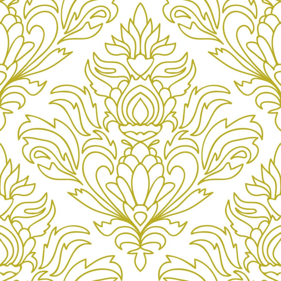 Colorful thin line floral damask seamless pattern with fantasy flowers, leaves. vector