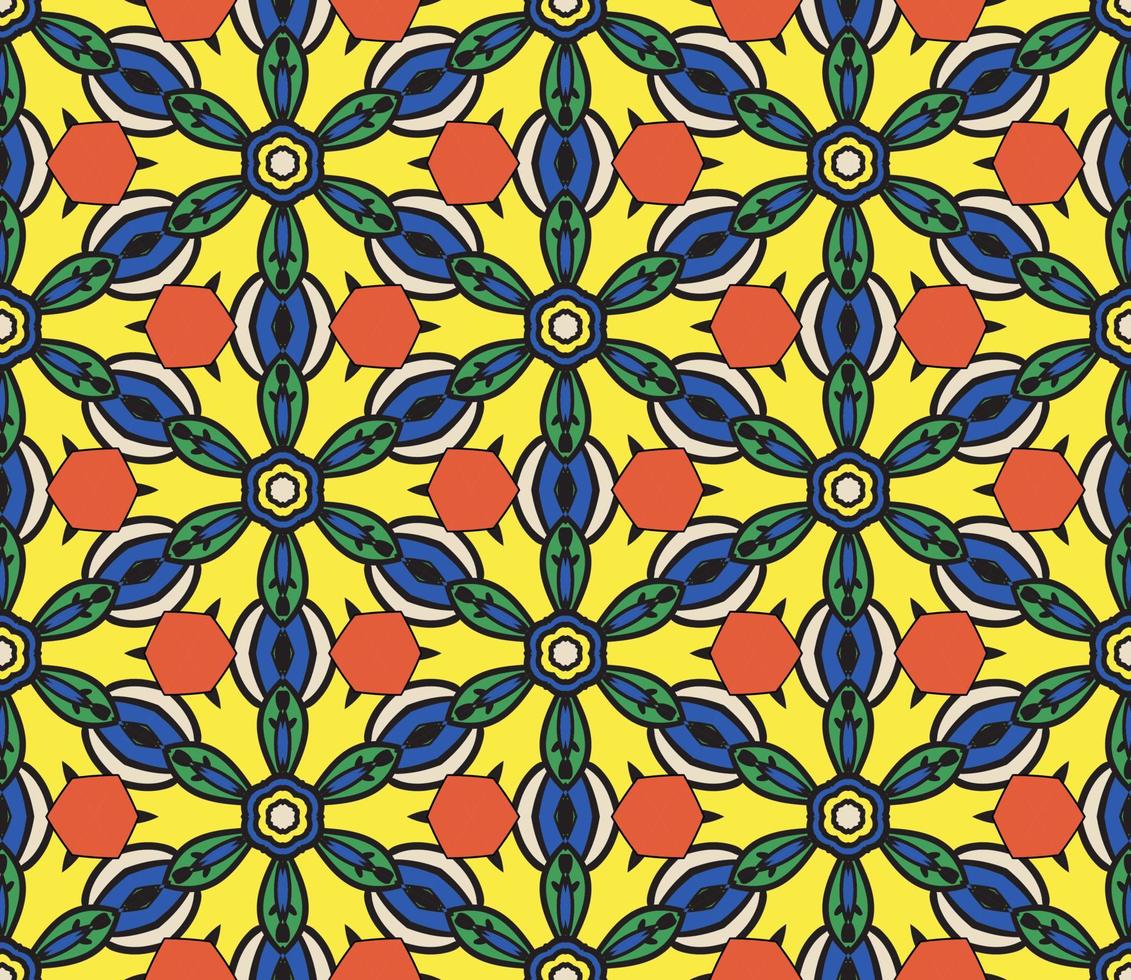 Abstract colorful doodle geometric flower seamless pattern. Floral background. Kaleidoscope mosaic, geo tile of thin line ornament. vector
