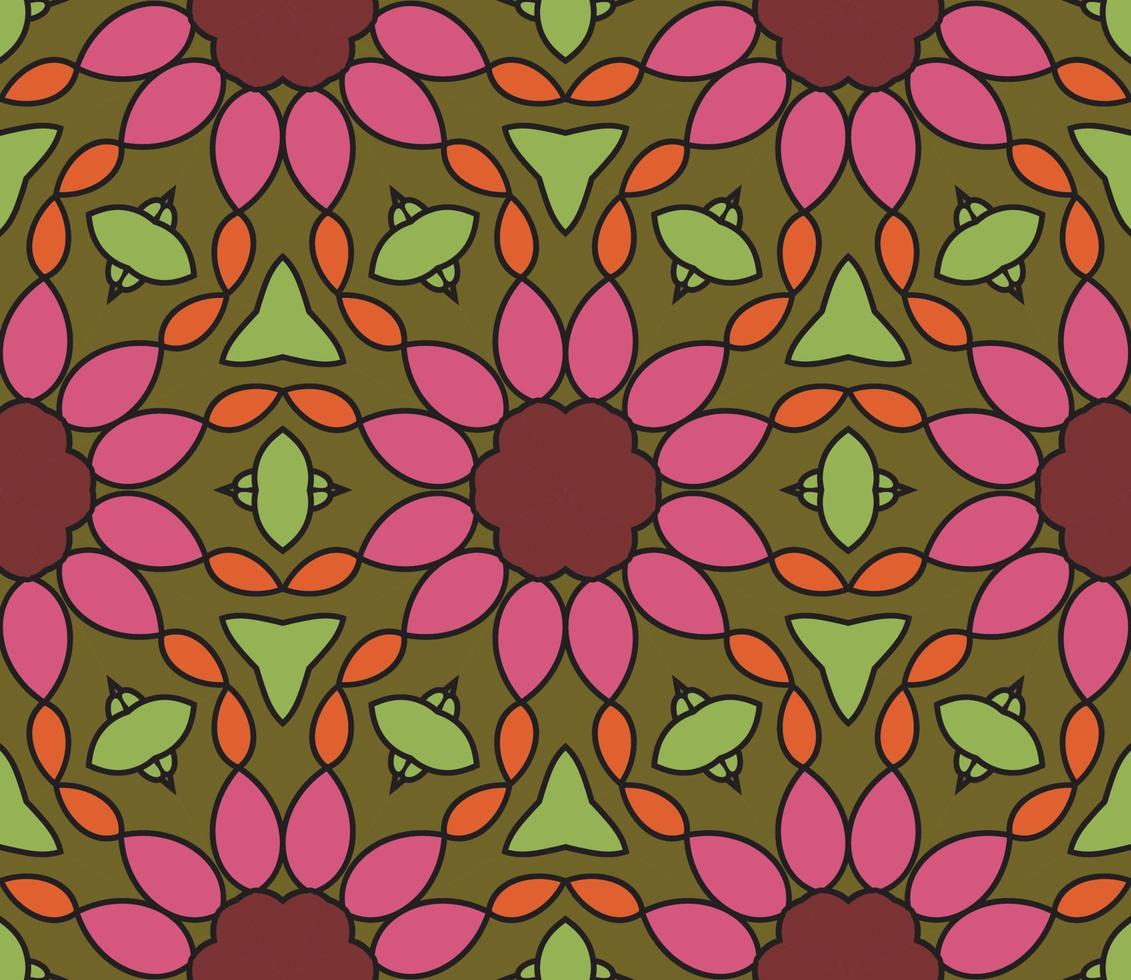 Abstract colorful doodle geometric flower seamless pattern. Floral background. Kaleidoscope mosaic, geo tile of thin line ornament. vector
