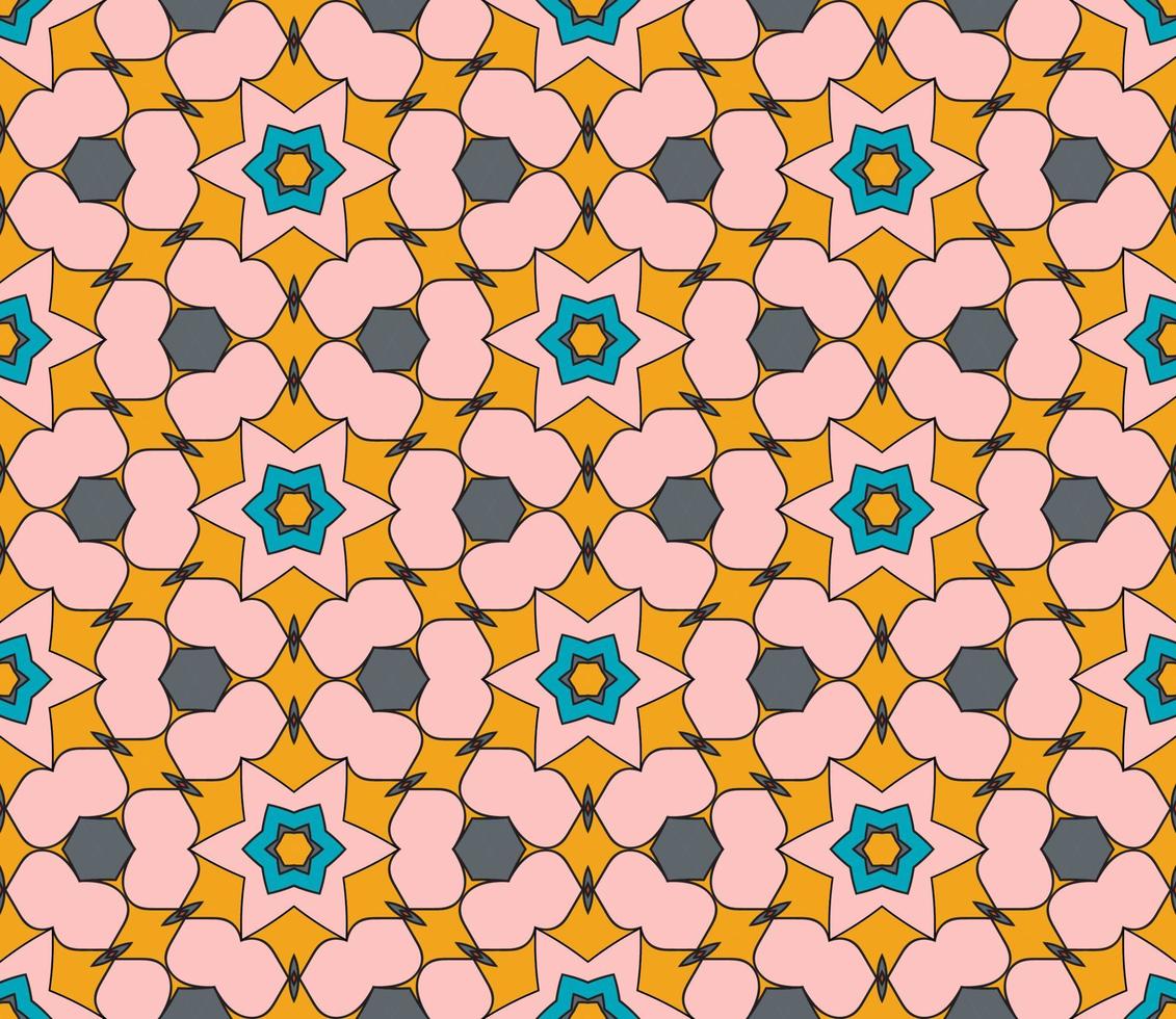 Abstract colorful doodle geometric flower seamless pattern. Floral background. Kaleidoscope mosaic, geo tile of thin line ornament. vector