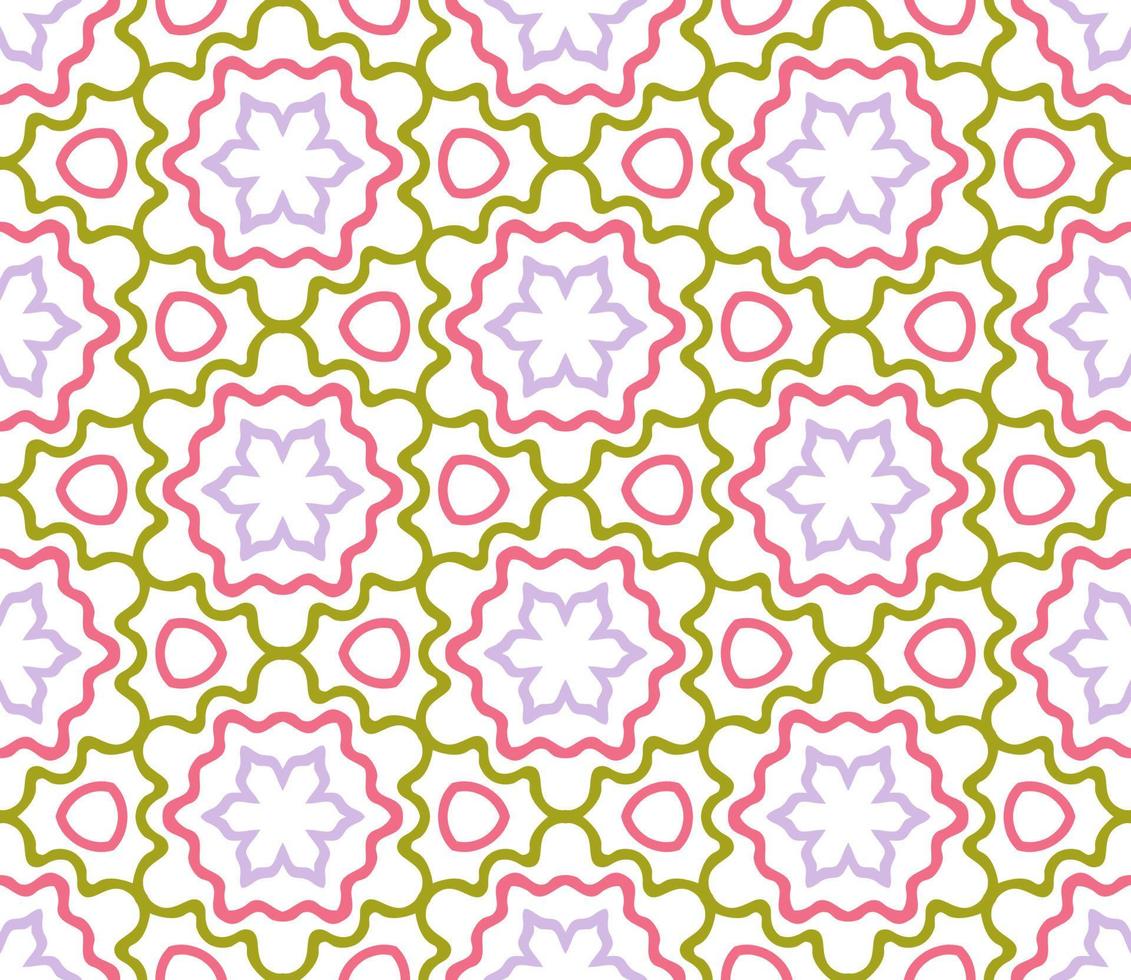 Abstract colorful doodle geometric flower seamless pattern. Floral background. Kaleidoscope mosaic, geo tile of thin line ornament. vector