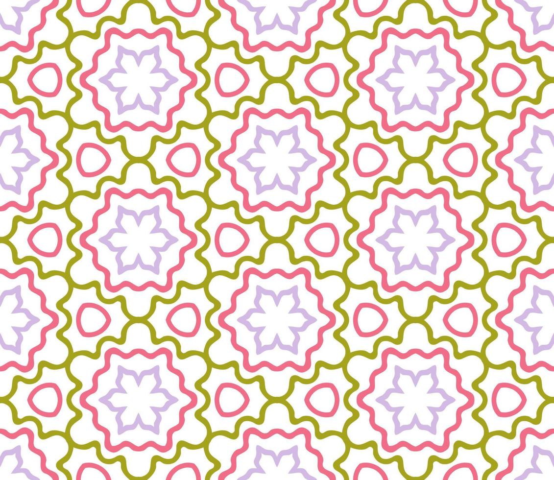 Abstract colorful doodle geometric flower seamless pattern. Floral background. Kaleidoscope mosaic, geo tile of thin line ornament. vector