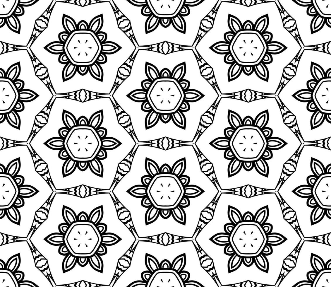 Abstract colorful doodle geometric flower seamless pattern. Floral background. Kaleidoscope mosaic, geo tile of thin line ornament. vector