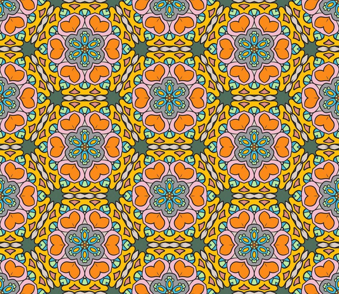Abstract colorful doodle geometric flower seamless pattern. Floral background. Kaleidoscope mosaic, geo tile of thin line ornament. vector
