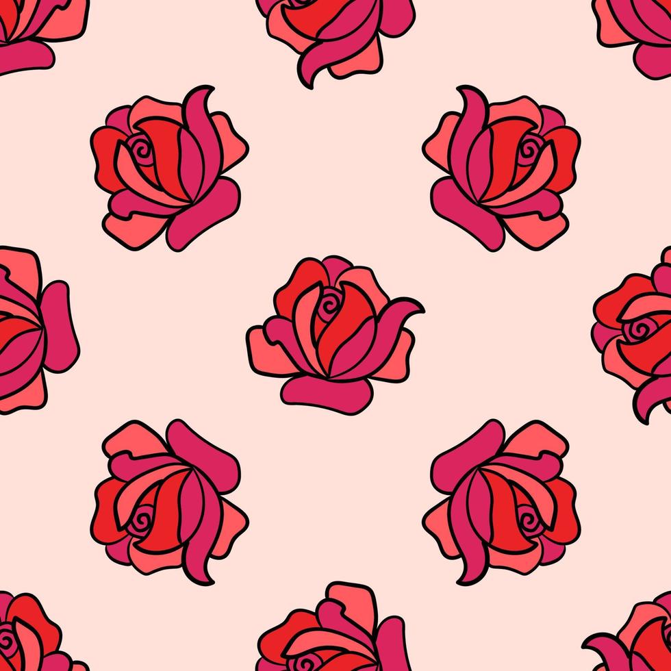 Cute cartoon doodle rose seamless pattern. Floral element background. vector