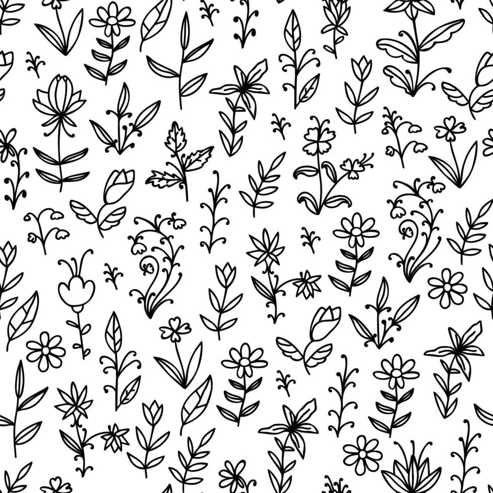 Cute floral seamless pattern with thin line doodle flowers, branches and leaves, floral background. vector