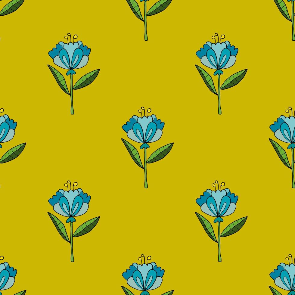 Seamless pattern with colorful fantasy doodle cartoon flowers, floral wrapping paper, background. vector