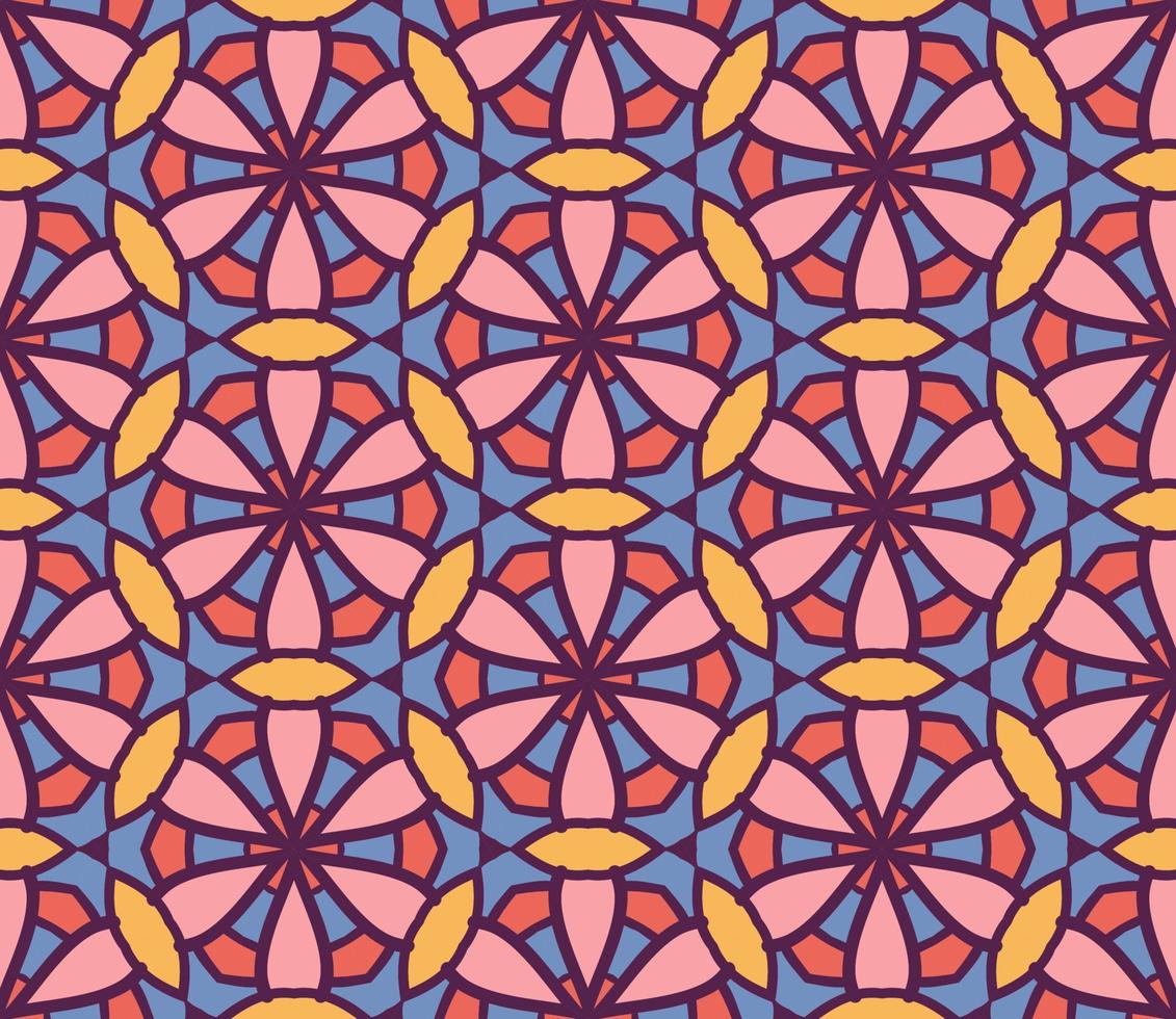 Abstract colorful doodle geometric flower seamless pattern. Floral background. Kaleidoscope mosaic, geo tile of thin line ornament. vector