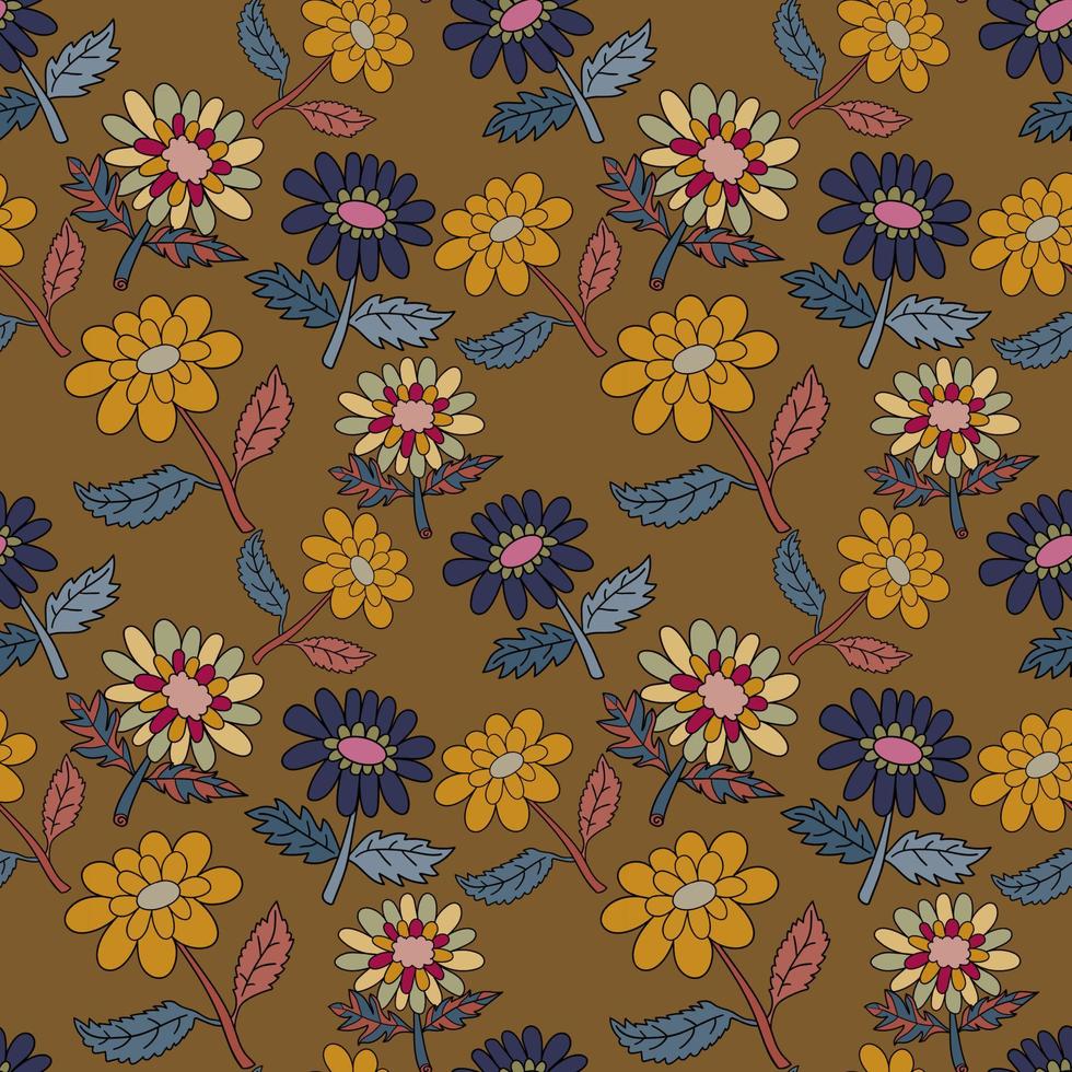 Seamless pattern with colorful fantasy doodle cartoon flowers, floral wrapping paper, background. vector