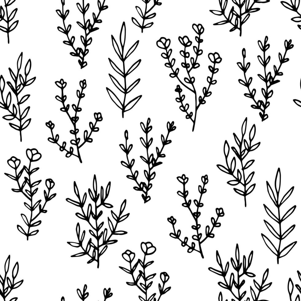 Cute floral seamless pattern with thin line doodle flowers, branches and leaves, floral background. vector