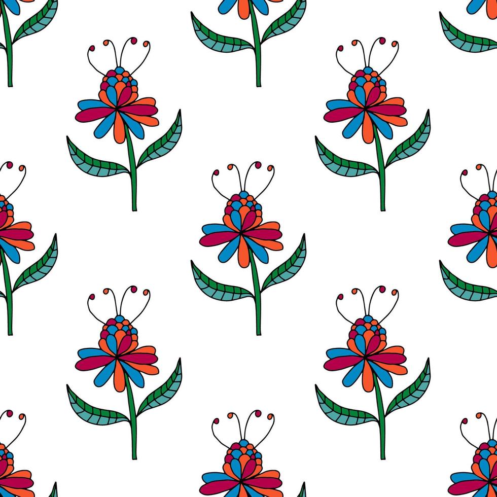 Seamless pattern with colorful fantasy doodle cartoon flowers, floral wrapping paper, background. vector