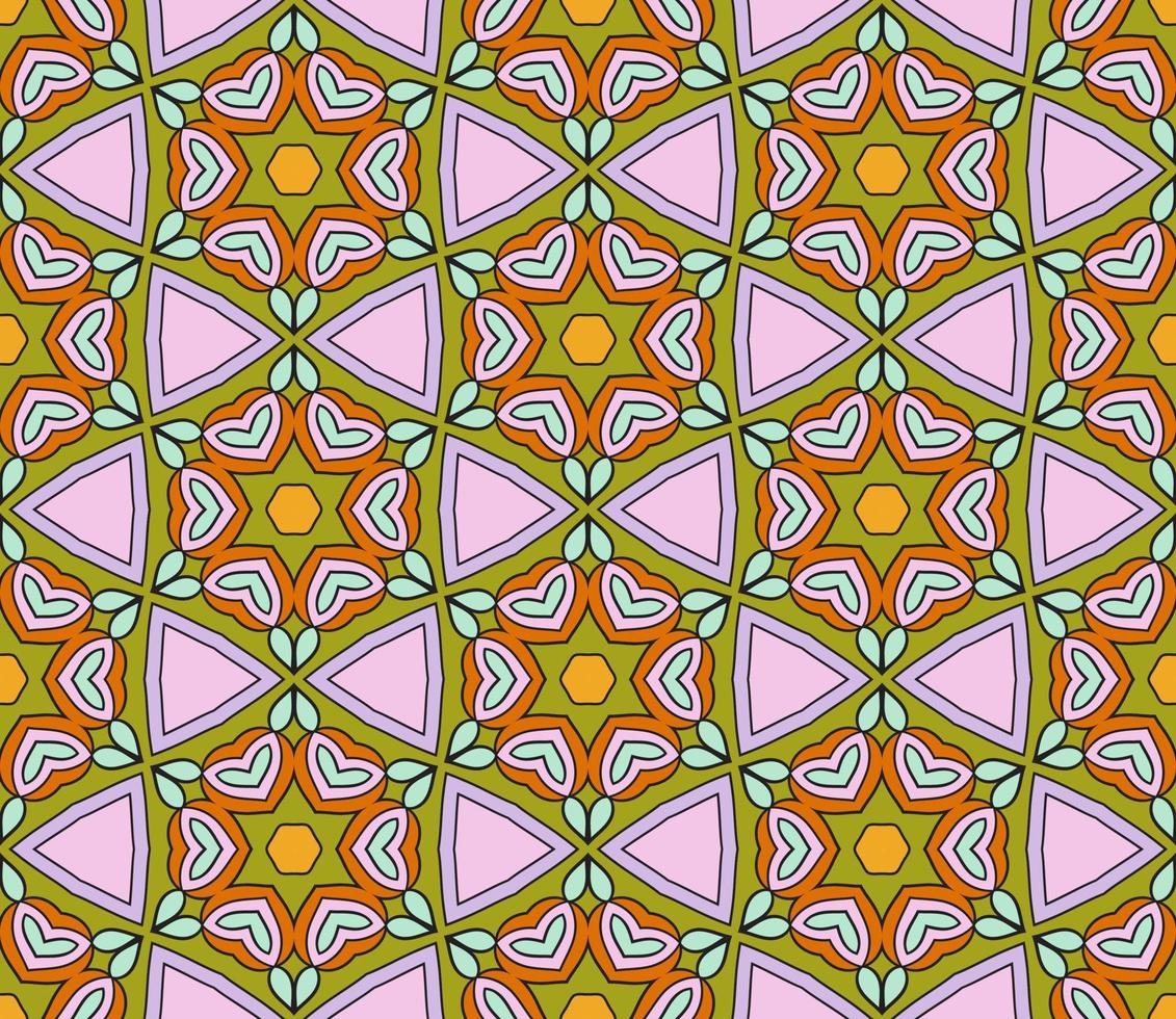 Abstract colorful doodle geometric flower seamless pattern. Floral background. Kaleidoscope mosaic, geo tile of thin line ornament. vector