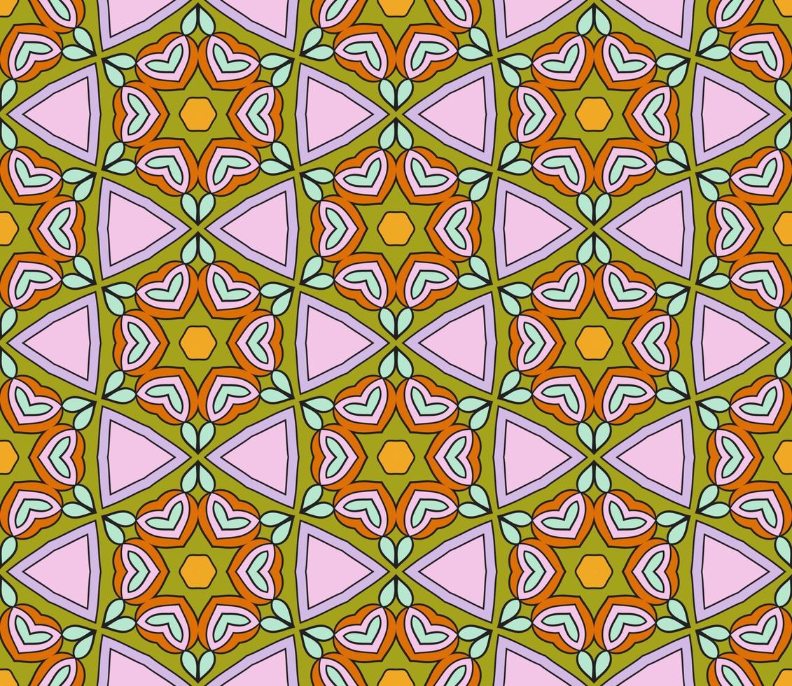 Abstract colorful doodle geometric flower seamless pattern. Floral background. Kaleidoscope mosaic, geo tile of thin line ornament. vector