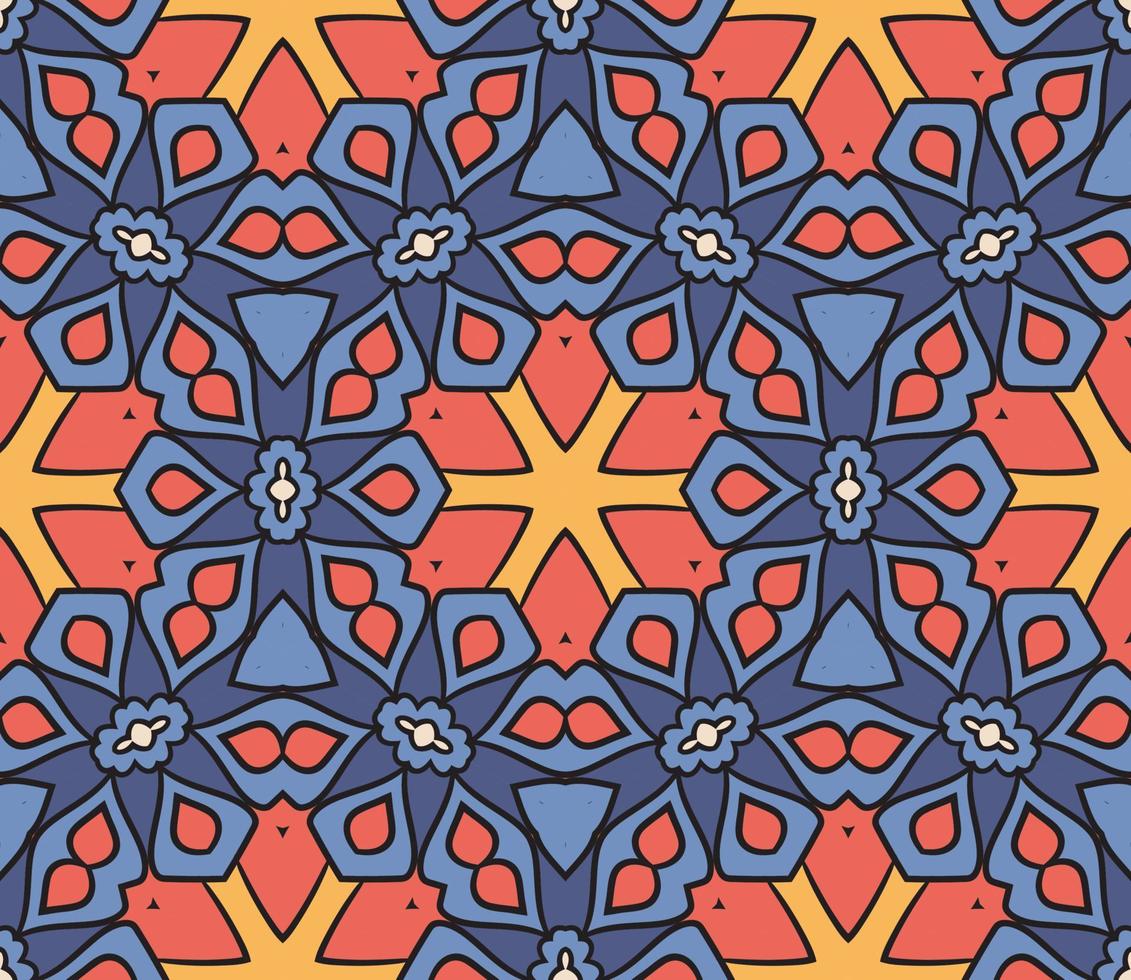 Abstract colorful doodle geometric flower seamless pattern. Floral background. Kaleidoscope mosaic, geo tile of thin line ornament. vector