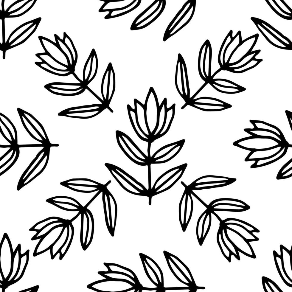 Cute cartoon flower seamless pattern. Background with plant, branch, leaves. Wrapping paper, textile. vector