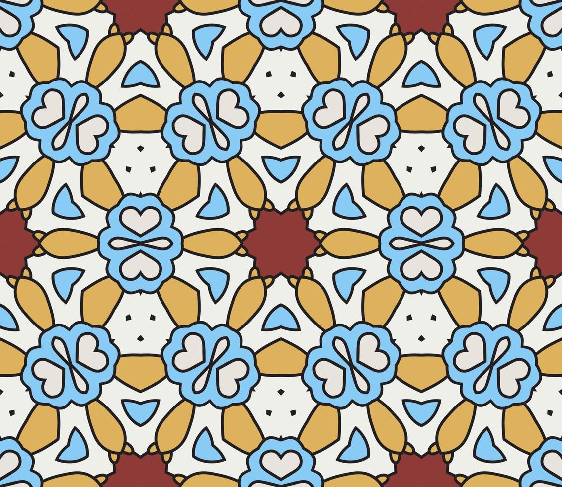Abstract colorful doodle geometric flower seamless pattern. Floral background. Kaleidoscope mosaic, geo tile of thin line ornament. vector